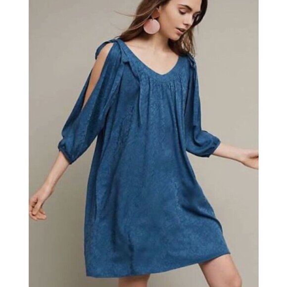 Holding Horses Dresses & Skirts - Holding Horses Leyton Blue Floral Swing Mini Dress Open Slit Long Sleeve XS